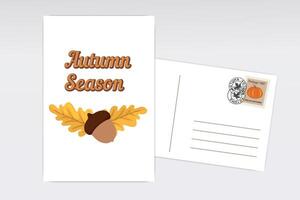 Autumn card featuring an acorn and oak leaf along with a fall season message and pumpkin stamp on a white postcard vector