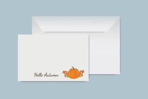 Autumn greeting blank card with white envelope featuring pumpkin and floral accents on minimalist white background vector
