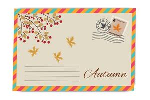 Vintage autumn postcard design with falling leaves, berries, and decorative retro envelope border style vector