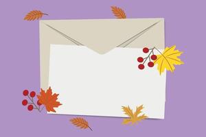 Autumn envelope and blank card with colorful leaves and berries on a purple background vector