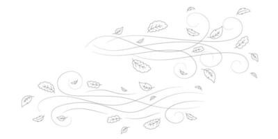 Doodle autumn leaves flying in the wind. Falling season outline backdrop, air flow leaves wave linear pattern or wind blowing doodle print. Autumn windy weather hand drawn monochrome background vector