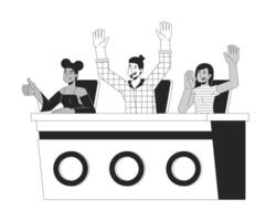 Talent show judges react excitedly at panel table black and white 2D line characters. Audition jury diverse adults isolated outline people. Contest moderators. Monochromatic spot illustration vector