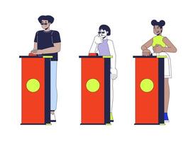 Quiz show participants standing behind buzzer podiums 2D cartoon characters set. Trivia game contestants multicultural isolated people flat on white background. Spot illustrations collection vector