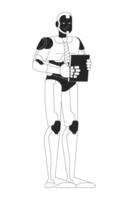 Robot office worker black and white line illustration. Robotics tie employee holding paperwork 2D linear character isolated. Futuristic corporate assistant technology monochrome outline image vector