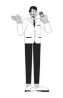 Indian male presenter speaking into microphone black and white 2D line character. Talking anchorman holding mic isolated outline person. TV host gesturing. Monochromatic spot illustration vector