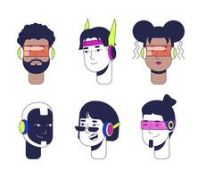 Futuristic people 2D linear avatars illustration set. Robot futurism diverse adults glasses scifi cartoon character faces portraits collection. Cyberpunk flat color user profiles image isolated vector