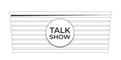 Talk show panel table black and white 2D line object. Television program broadcast desk isolated clip art outline item. TV entertainment broadcasting equipment. Monochromatic spot illustration vector