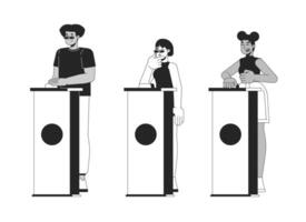 Quiz show participants standing behind buzzer podiums black and white 2D line characters set. Trivia game contestants diverse isolated outline people. Monochrome spot illustrations collection vector