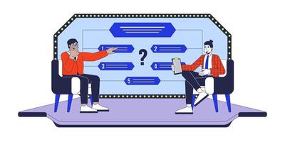 Television game show studio with host and contestant 2D cartoon characters. Diverse men sitting in armchairs isolated people flat on white background. Quiz trivia. Spot illustration colorful vector