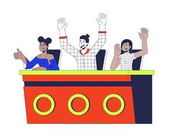 Talent show judges reacting excitedly at panel table 2D cartoon characters. Audition jury diverse adults isolated people flat on white background. Contest moderators. Spot illustration colorful vector