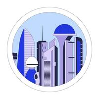 Futuristic city round window cartoon flat illustration. Science fiction futurism skyscrapers circle frame 2D cityscape isolated on white background. Future buildings scifi scene color image vector