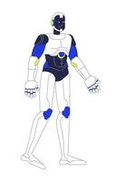 Robot android walking 2D cartoon character. Futuristic robotics humanoid isolated personage flat on white background. Science fiction high tech technology. Futurism. Spot illustration colorful vector