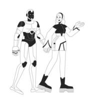 Robot friend future friendship black and white line illustration. Cyberpunk woman android romance 2D linear characters isolated. Futuristic relationships technology monochrome outline image vector