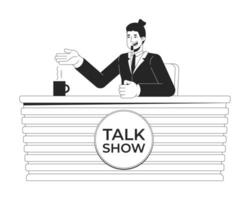 Smiling talk show host sitting at panel table black and white 2D line character. Television program presenter man with steaming mug isolated outline person. Monochromatic spot illustration vector