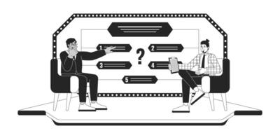 Television game show studio with host and contestant black and white 2D line characters. Diverse men sitting in armchairs isolated outline people. Quiz trivia. Monochromatic spot illustration vector