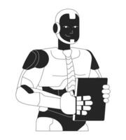 Smiling robot tie holding tablet black and white 2D line character. Futuristic humanoid office worker manager isolated outline personage. Robotics company. Monochromatic spot illustration vector