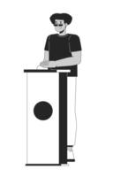 Television game show contestant hispanic man pushing button black and white 2D line character. Latino guy standing behind buzzer podium isolated outline person. Monochromatic spot illustration vector