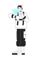 Hologram wrist watch futuristic man black and white line illustration. Futurism techwear asian guy using wristwatch 2D linear character isolated. Holographic technology monochrome outline image vector