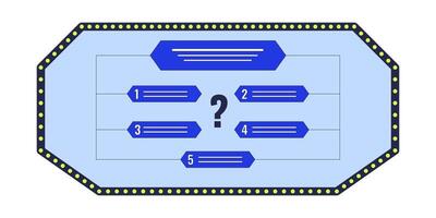 Quiz show display with question choices 2D cartoon object. Trivia competition screen isolated element flat clipart on white background. Intellect challenge options answer. Spot illustration vector