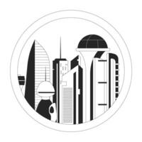 Futuristic city round window black and white line illustration. Science fiction futurism skyscrapers circle frame 2D linear cityscape isolated. Future buildings scifi monochrome outline image vector