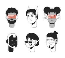 Futuristic people black and white 2D avatars illustration set. Robot futurism diverse adults glasses scifi outline cartoon character faces isolated. Cyberpunk flat user profile image collection vector