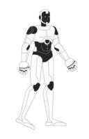 Robot android walking black and white 2D line character. Futuristic robotics humanoid isolated outline personage. Science fiction high tech technology. Futurism. Monochromatic spot illustration vector