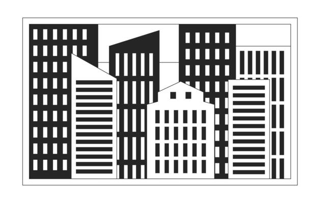 Evening cityscape window black and white 2D line object. Nighttime city frame isolated clip art outline item. Nightlife building exterior. Downtown night town. Monochromatic spot illustration