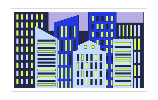 Evening cityscape window 2D cartoon object. Nighttime city frame isolated element flat clipart on white background. Nightlife building exterior. Downtown night town. Spot illustration