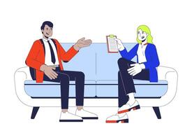Female interviewer conducting interview job candidate 2D cartoon characters. Blonde woman interviewing indian man on couch isolated people flat on white background. Spot illustration colorful vector