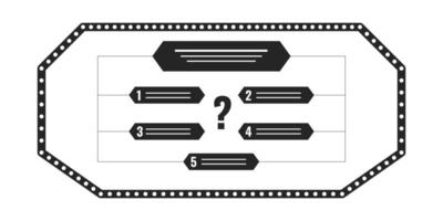 Quiz show display with question choices black and white 2D line object. Trivia competition screen isolated clip art outline item. Quest options answer. Monochromatic spot illustration vector