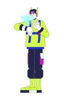 Hologram wrist watch futuristic man cartoon flat illustration. Futurism techwear asian guy using wristwatch 2D character isolated on white background. Holographic technology scene color image vector