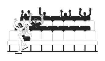Theater audience clapping on seats black and white 2D line characters. Applause ovation. Excited viewers. Chairs spectators diverse isolated outline people. Monochromatic spot illustration vector