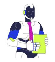 Smiling robot tie holding tablet 2D cartoon character. Futuristic humanoid office worker manager isolated personage flat on white background. Robotics company. Spot illustration colorful vector