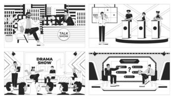 Entertainment TV shows black and white line illustrations set. Interview, drama, game show. Hosts participants 2D characters monochrome backgrounds. Programs outline scenes images collection vector