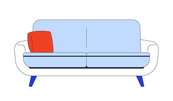 Contemporary sofa with red cushion 2D cartoon object. Interior design throw pillow couch isolated element flat clipart on white background. Livingroom furniture seating. Spot illustration vector