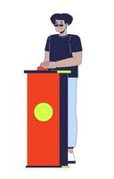 Television game show contestant hispanic man pushing button 2D cartoon character. Latino guy standing behind buzzer podium isolated person flat on white background. Spot illustration colorful vector