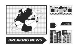Newsroom setup displays black and white 2D line objects set. Headlines breaking news isolated clip arts outline items collection. Live broadcasting reporter. Monochrome spot illustrations vector