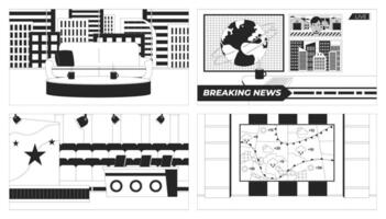 Different television studio setup black and white line illustrations set. Broadcasting programs 2D interiors monochrome backgrounds. Channels TV production outline images collection vector