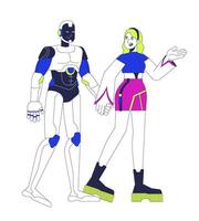 Robot friend future friendship cartoon flat illustration. Cyberpunk woman android romance 2D characters isolated on white background. Futuristic relationships technology scene color image vector