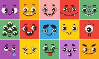 Childish beasts faces in multicolor squares level color symbols set. Phenomenal mammoths looks outline pack. Amusing avatars collection vector