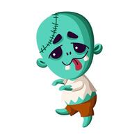 Funny zombie with tongue out flat color illustration. Walking little monster Halloween party character icon on white background vector
