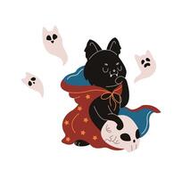 Scary cat necromancer with skull and spirits flat color illustration. Animal casting spells Halloween character icon on white background vector