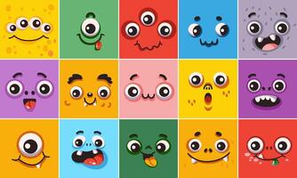 Childish creatures faces in multicolor squares level color symbols set. Phenomenal mammoths looks outline pack. Amusing avatars collection vector