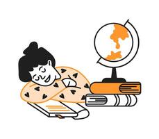 Junior schoolgirl sleeps leaning on desk doodle line and color illustration. Girl at table with books and globe linear sketch person vector