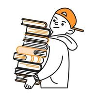Unhappy schoolboy in cap holds stack of books doodle line and color illustration. Back to school concept linear sketch person vector
