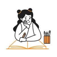 Upset girl doing difficult homework at desk doodle line and color illustration. Bored schoolgirl learning lesson linear sketch person vector