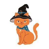 Smiling red cat in witch hat and scarf flat color illustration. Sorcerer familiar pet on Halloween character icon on white background vector