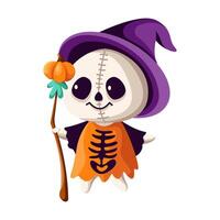 Ghost with pumpkin crosier and witch hat flat color illustration. Celebrating Halloween with funny character icon on white background vector