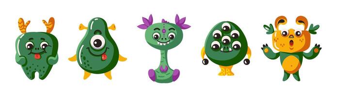 Pretty monsters with green skin characters flat color icon set. Alien creatures from far planet group illustration pack on white vector