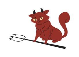 Demon cat with horns and pitchfork flat color illustration. Devil pet scaring on Halloween character icon on white background vector